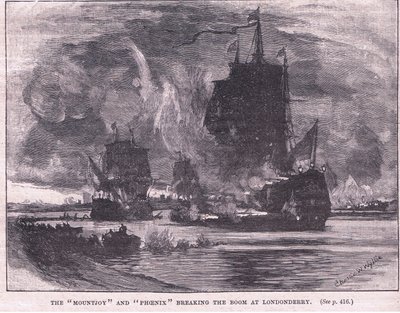 「マウントジョイ」と「フェニックス」がロンドンデリーAD 1689でブームを打破 作： Charles William Wyllie